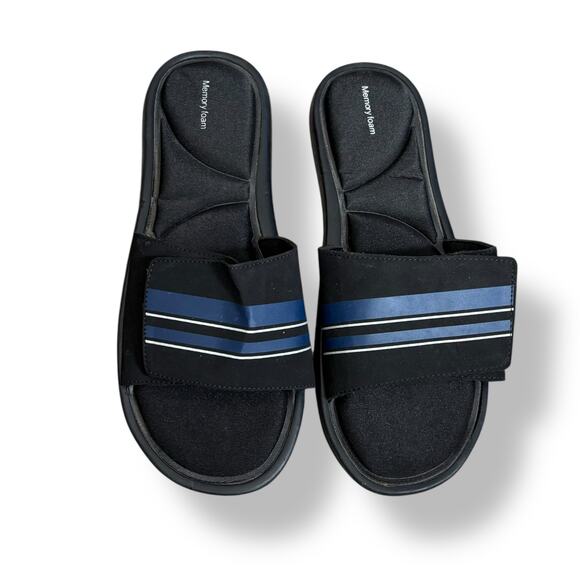 Black Memory Foam Slide Sandals With Blue Stripes Velcro Strap Unisex Size Large - Picture 3 of 6